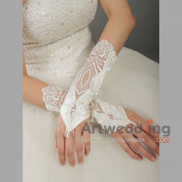 Satin Lace Elbow Wedding Gloves with Beading and Pearls (ST110087)