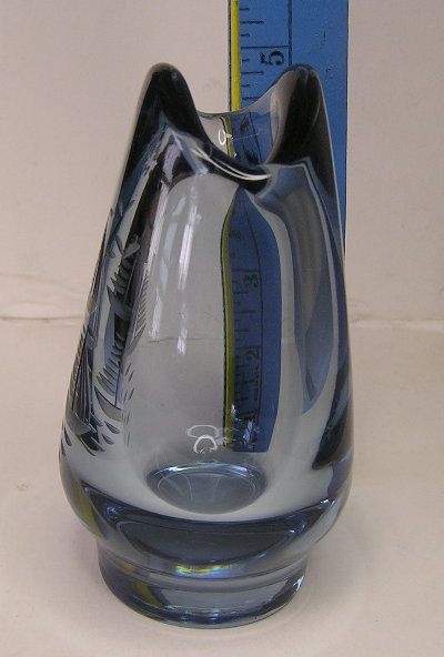   blue Glass vase with etched sailboat design Maker is Unknown  