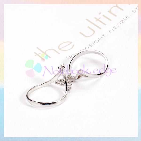 Punk Rock Style Twisted Heart Two Double Finger Ring Slave Chain Link 