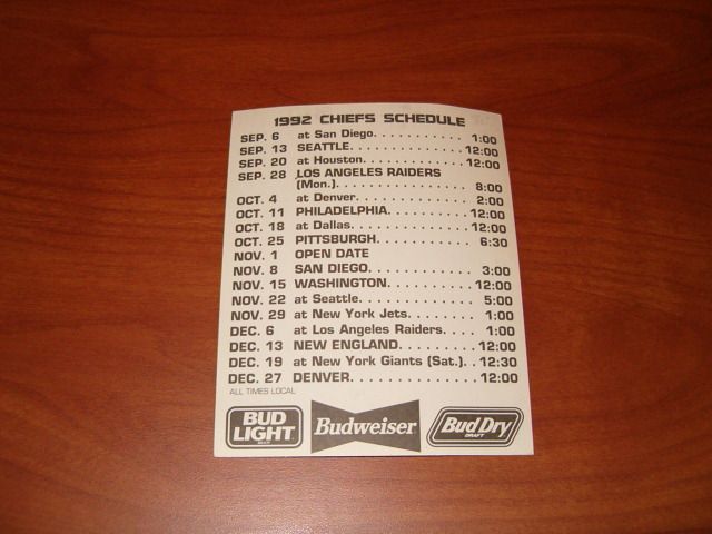 Kansas City Chiefs 1991 Window Cling Schedule Budweiser ****PLEASE 