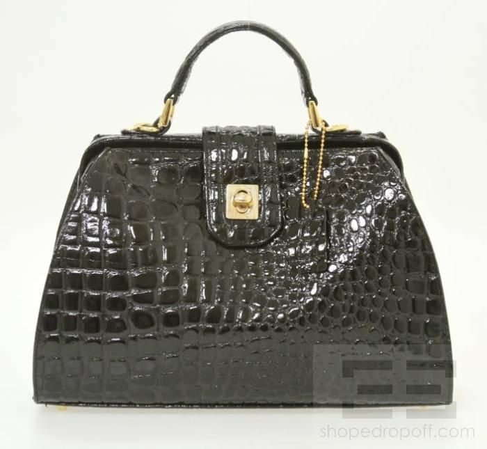 Lord & Taylor Black Crocodile Embossed Leather Lady Handbag  