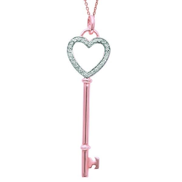 Diamond Open Heart Key Pendant Necklace 14k Rose Gold  