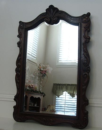 Vintage French Carved Oak Wood Framed Beveled Mirror  