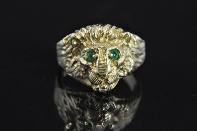 Estate Vtg Kitsinian 14K Gold Natural Emerald Lion Ring  