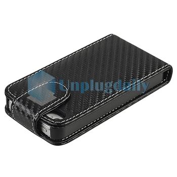 Black Carbon Leather CASE+PRIVACY FILTER+Car+Wall Charger for iPhone 4 