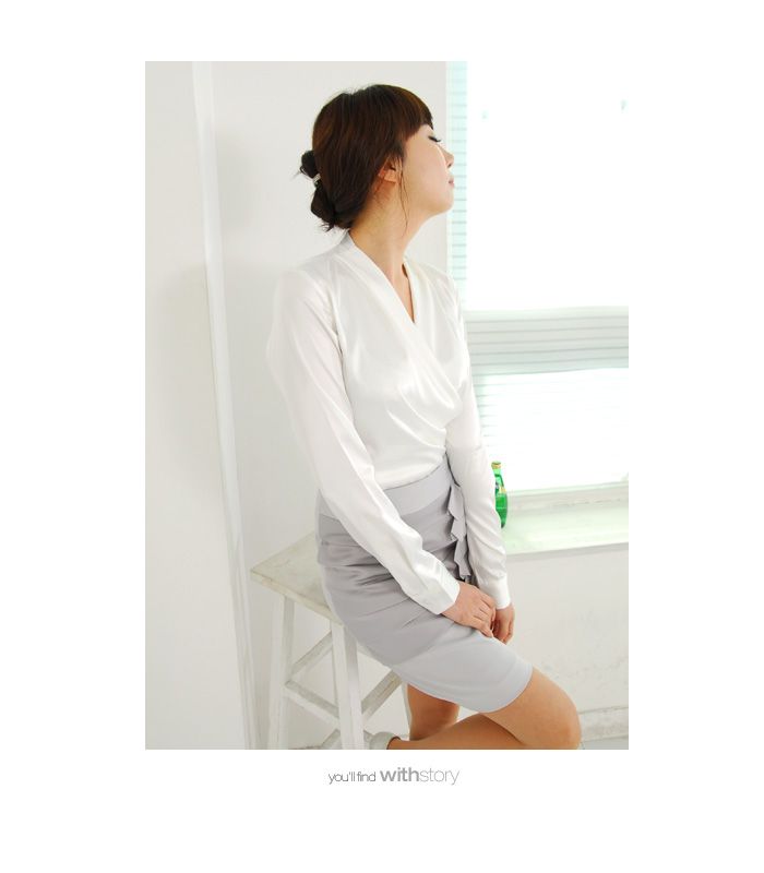Luxury Satin Wrap Blouse, Chic, Woman, Korea, A005218  