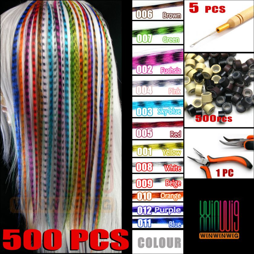   Colors 100 500 1000 Grizzly Synthetic 16 Feather Hair Extensions Kit