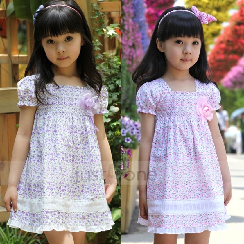 Kids Toddler Girls Cotton Pretty Flower Short Sleeve Princess Style 