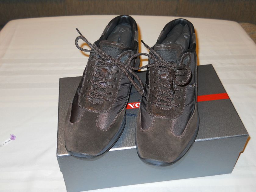 Prada Nylon Nappa Aviator Moro Brown Leather Sneakers Shoes Size 9.5 