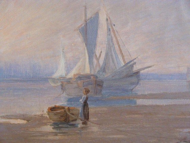 Antique 1896 Carl Lindin Impressionist Sunset Seascape Painting  