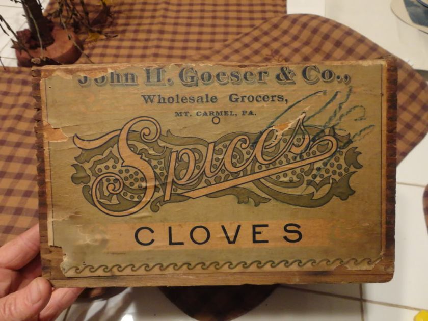 VINTAGE JOHN GOESER WOODEN SPICE CRATE MOUNT MT CARMEL PA WOOD BOX 